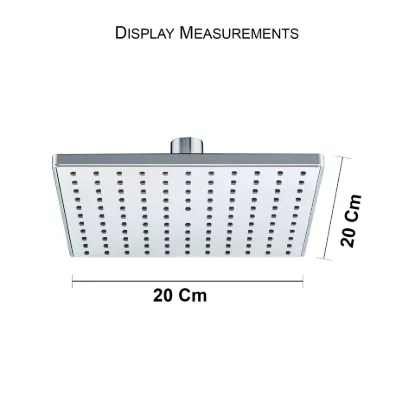 20 cm by 20 cm square rainfall shower head size diagram, slim overhead shower head with compact modern design.