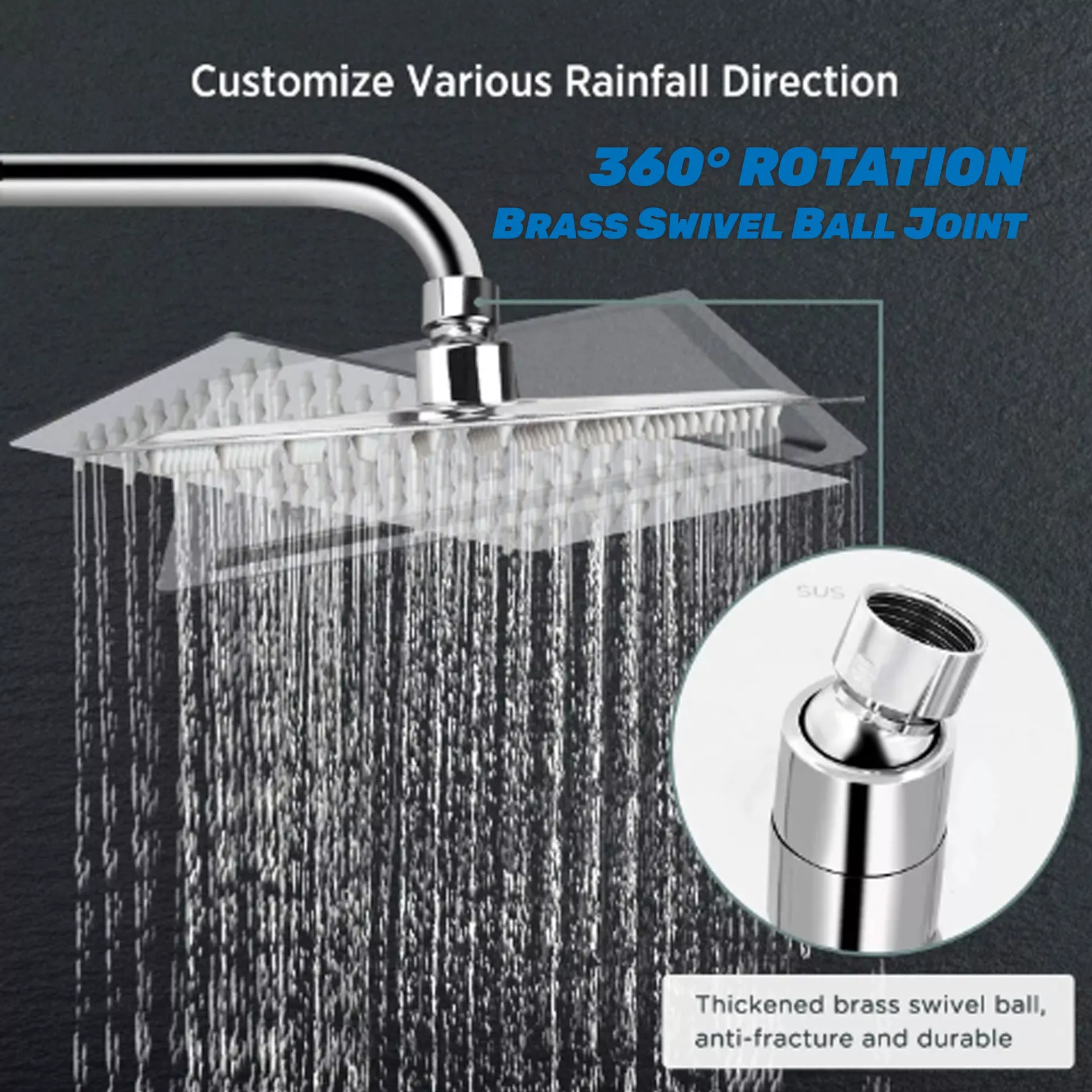 360 degree rotating rainfall shower head with brass swivel ball joint, adjustable angle shower head for customized water direction.
