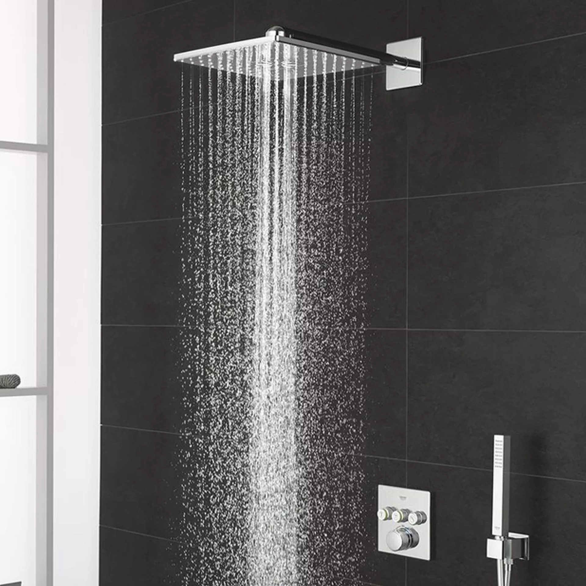 Large area rainfall shower head with silicone nozzles, anti-clog spray outlets for smooth spa-style shower experience.