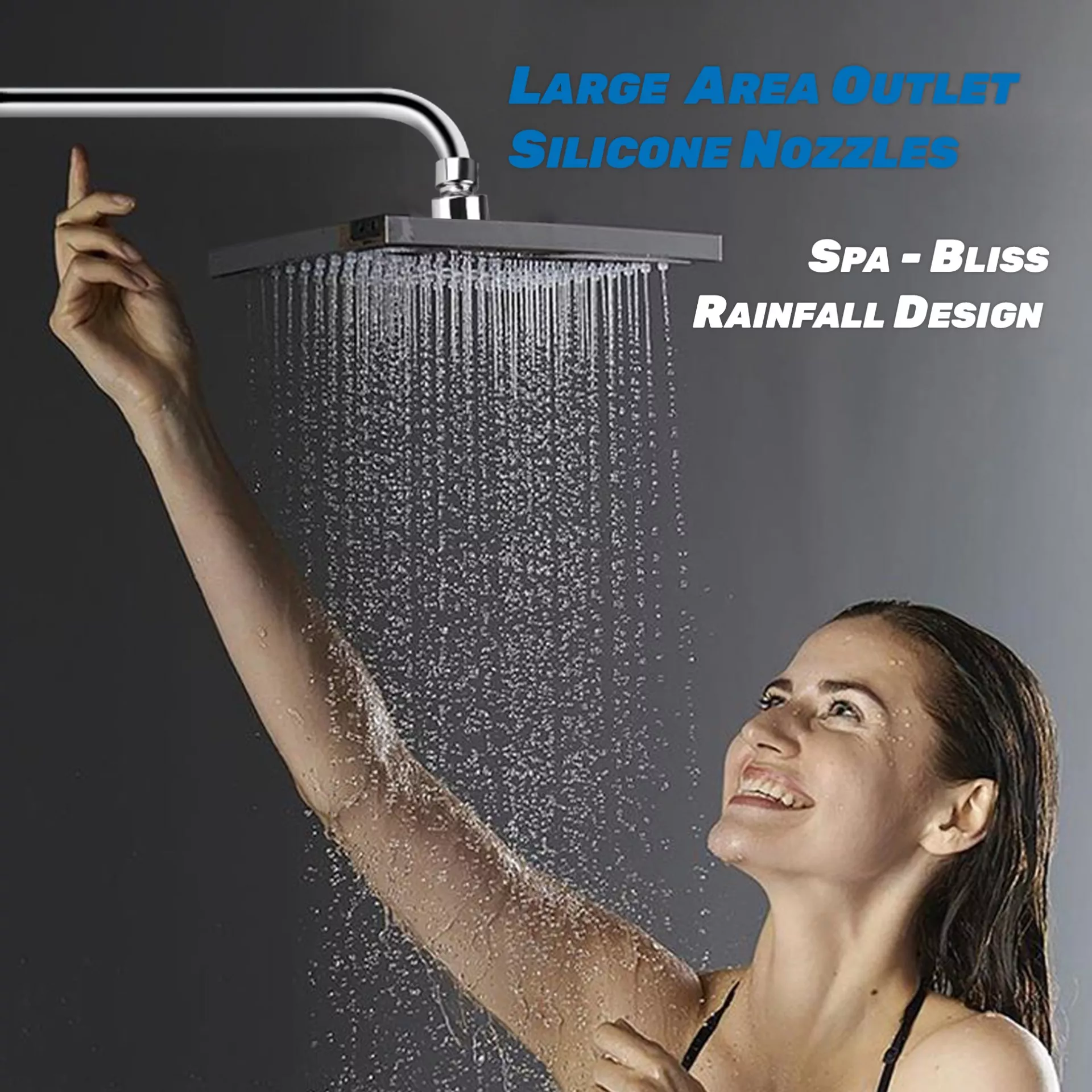 Modern wall mounted rainfall shower system installed in luxury bathroom, square overhead shower head with strong vertical water flow.