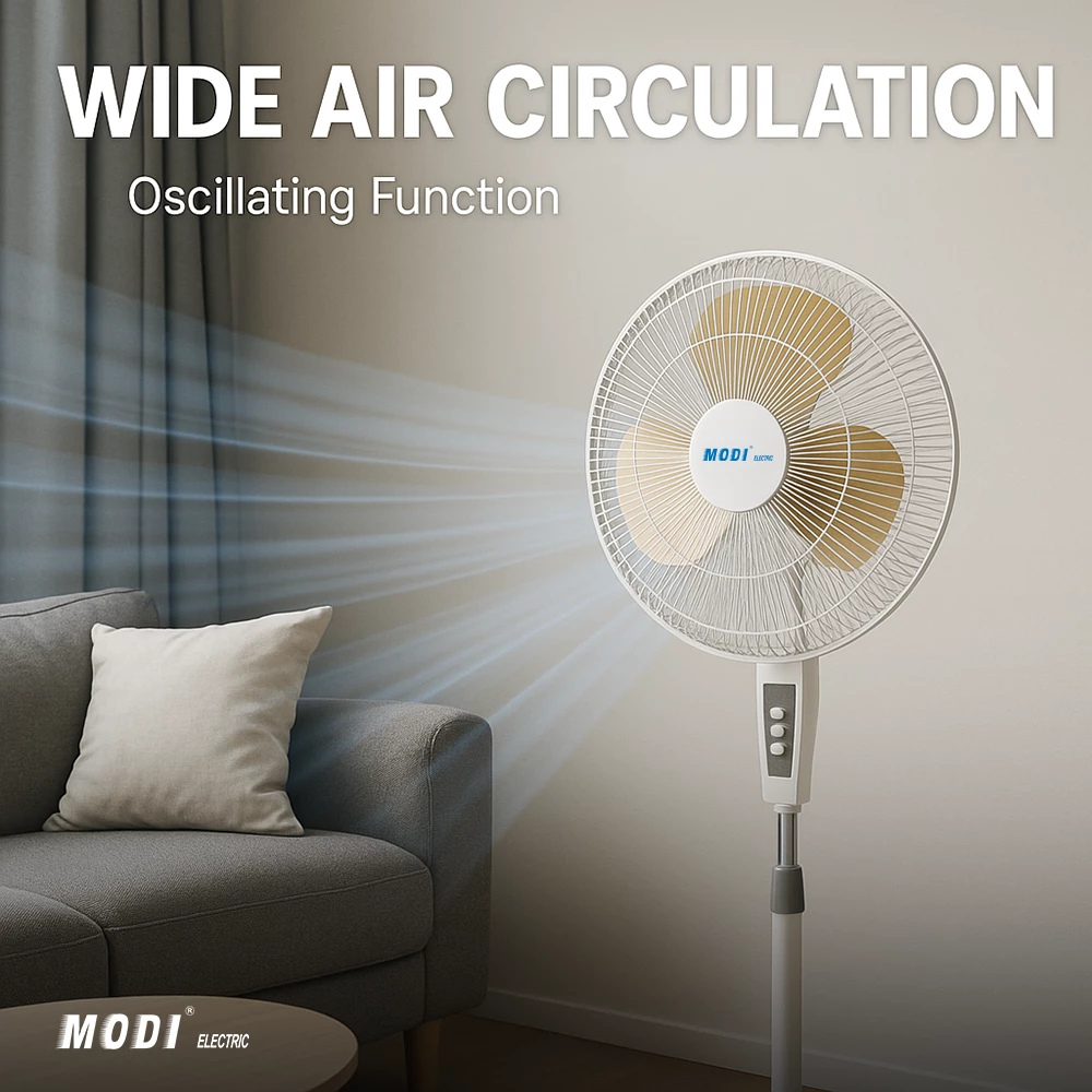 Picture of 16 Inch Pedestal Fan with Oscillation | MODI Electric Standing Fan | 3 Speed Adjustable Height Floor Fan for Home & Office