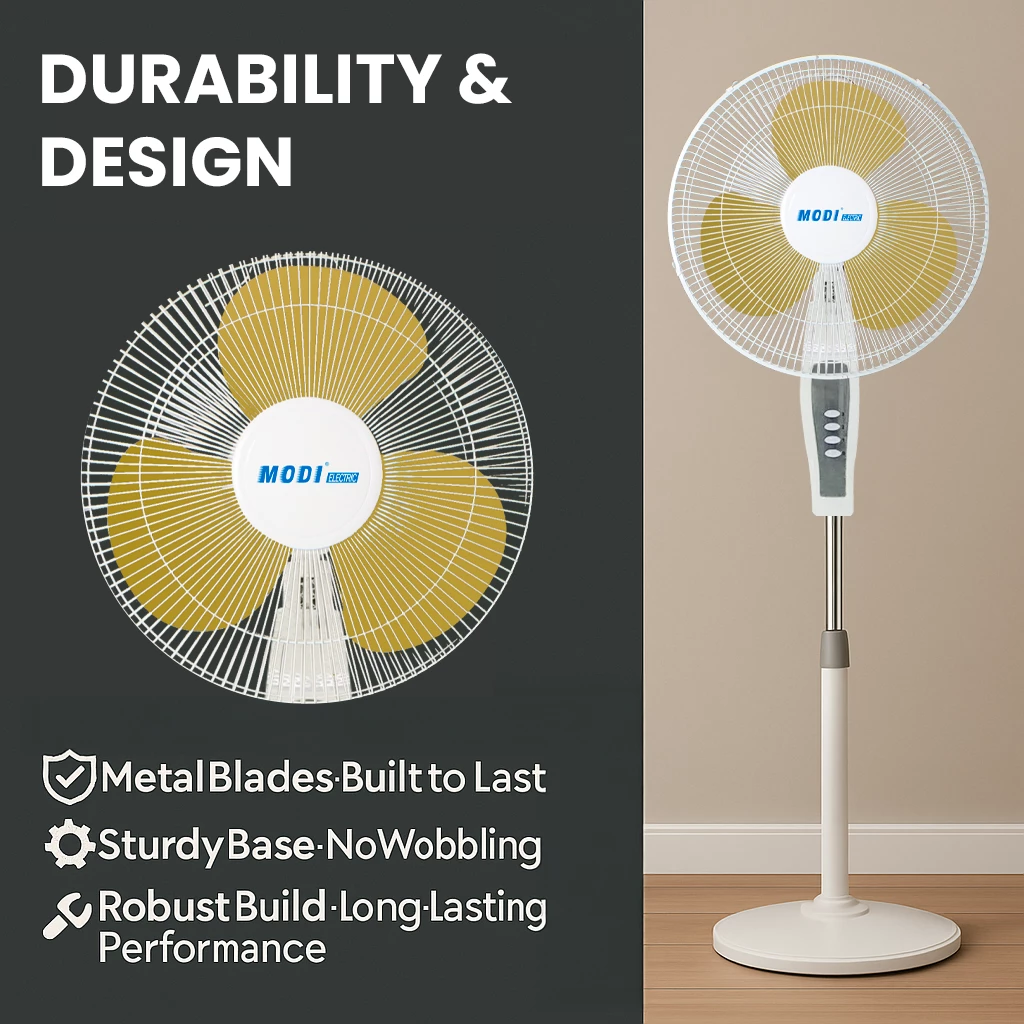 Picture of 16 Inch Pedestal Fan with Oscillation | MODI Electric Standing Fan | 3 Speed Adjustable Height Floor Fan for Home & Office