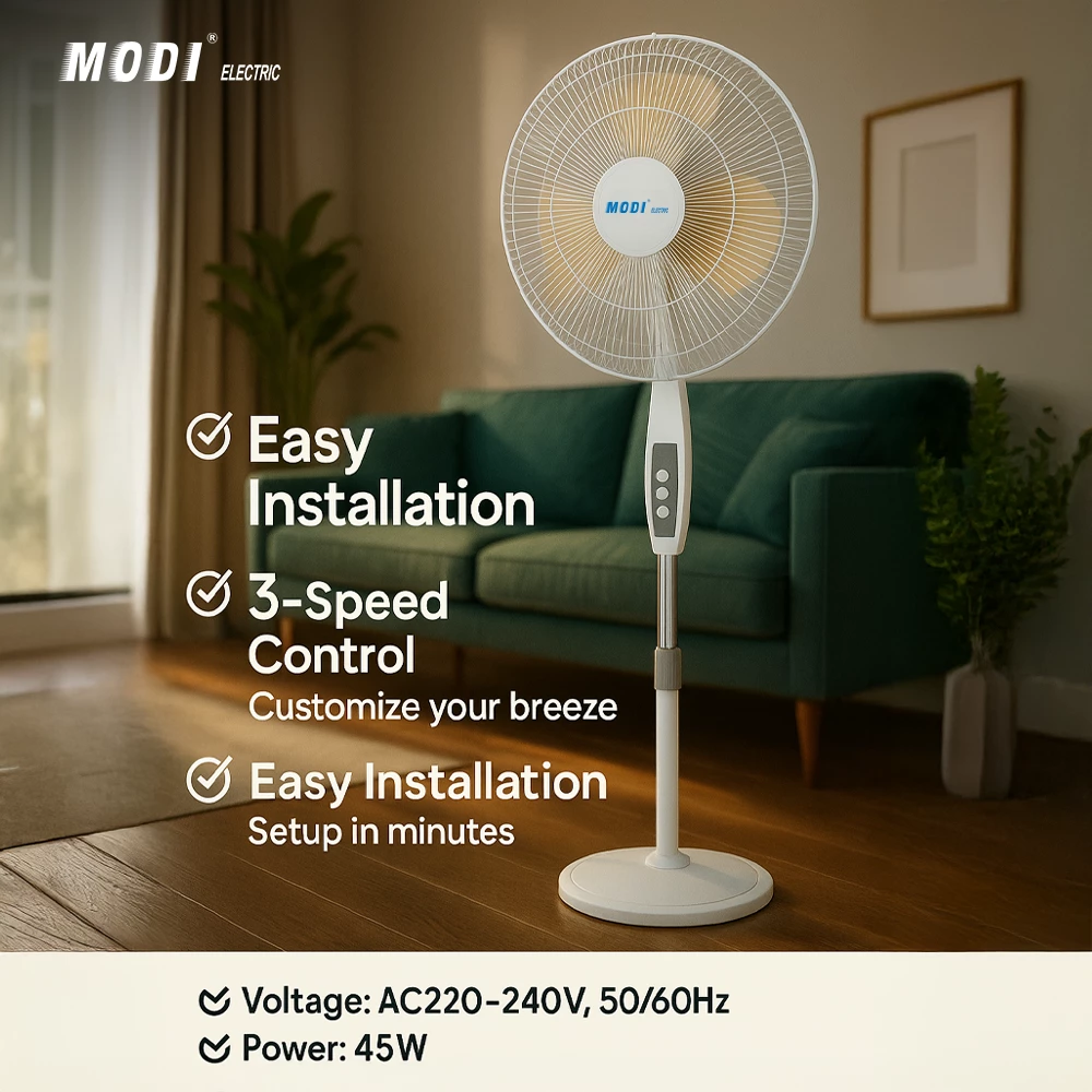 Picture of 16 Inch Pedestal Fan with Oscillation | MODI Electric Standing Fan | 3 Speed Adjustable Height Floor Fan for Home & Office