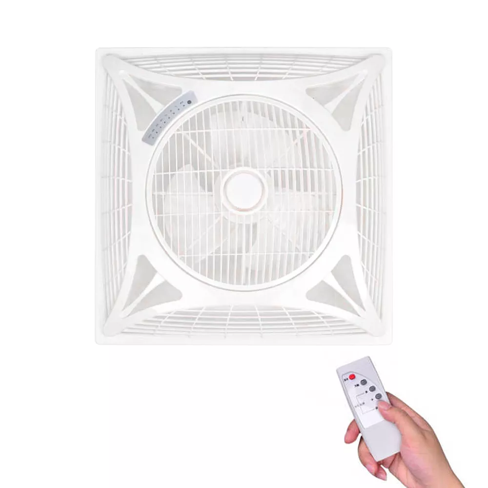 Remote controlled ceiling exhaust fan with smooth oscillation, rustproof body, rotating grill, and powerful motor for efficient ventilation.