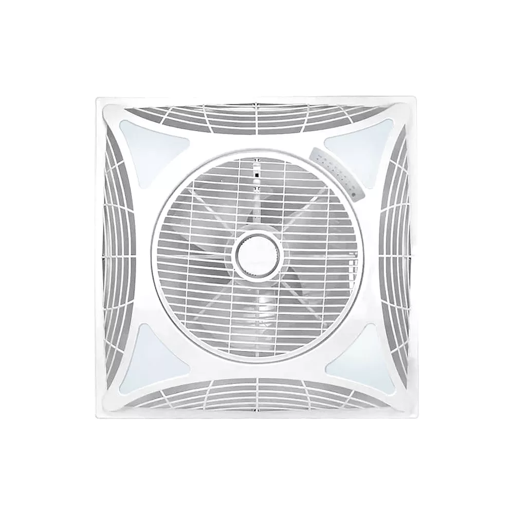Square ceiling mounted exhaust fan with central airflow grill, white ventilation fan designed for bathrooms, kitchens, and indoor air circulation.