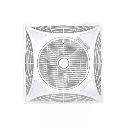 Square ceiling mounted exhaust fan with central airflow grill, white ventilation fan designed for bathrooms, kitchens, and indoor air circulation.