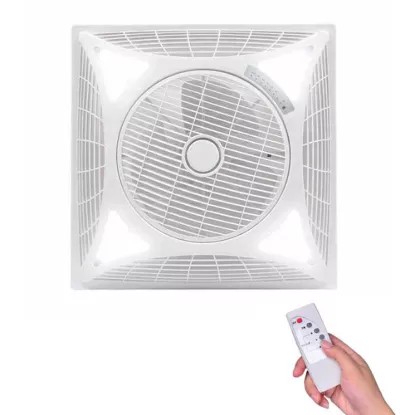 Remote controlled ceiling exhaust fan with smooth oscillation, rustproof body, rotating grill, and powerful motor for efficient ventilation.