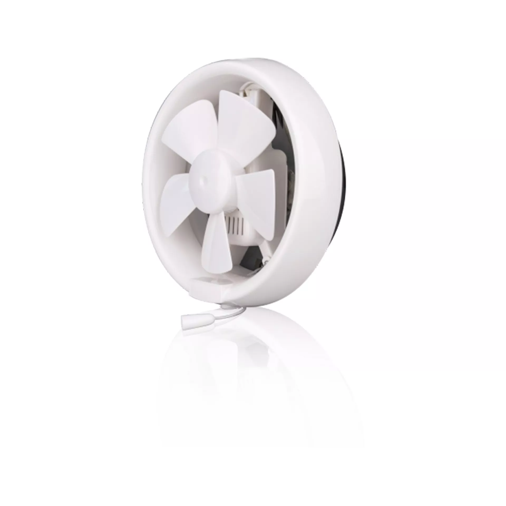 8 inch round exhaust fan with pull cord, white plastic ventilation fan for bathroom, kitchen, and toilet wall installation.