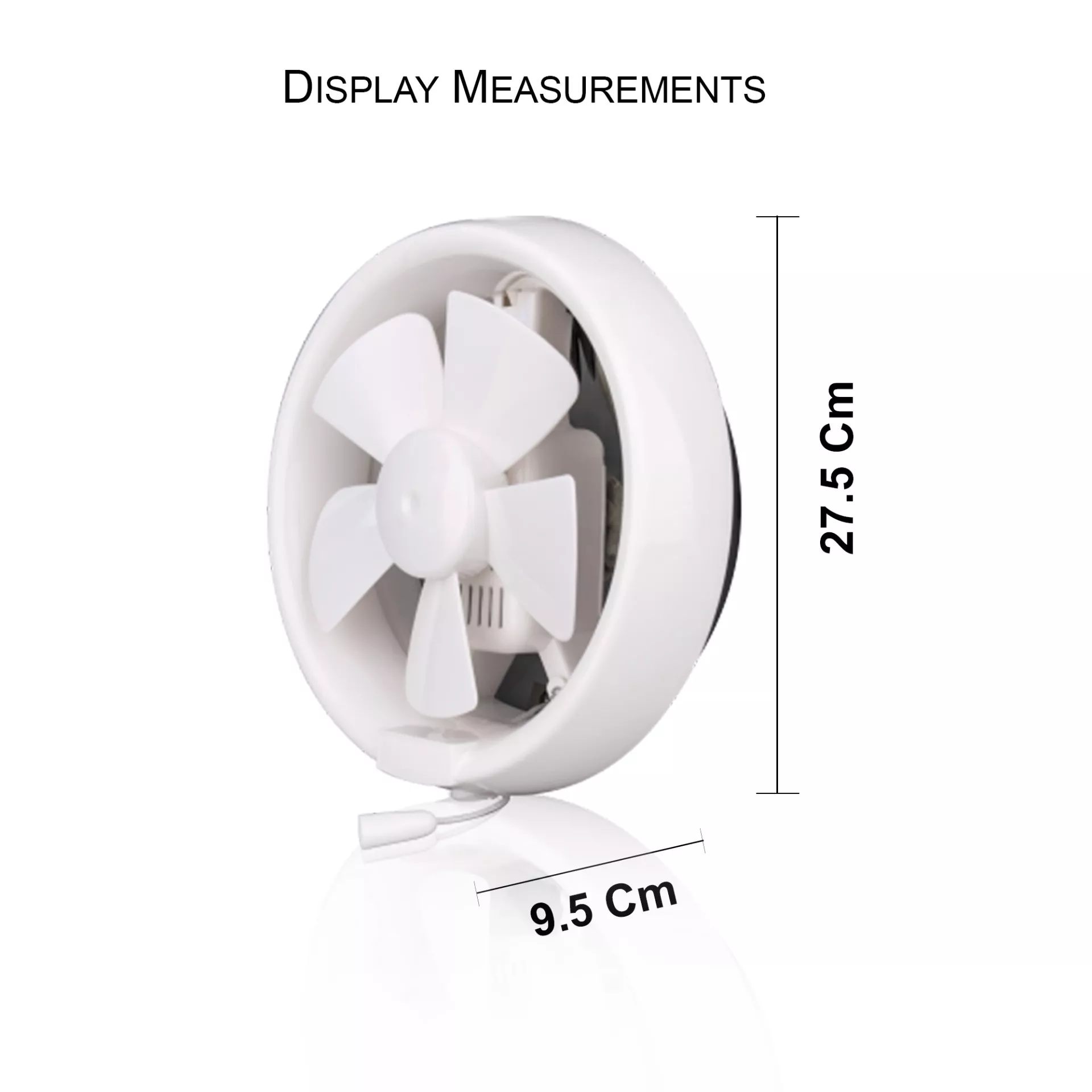 Wall mounted exhaust fan with 27.5 cm height and 9.5 cm depth, compact 8 inch ventilation fan showing size measurements.