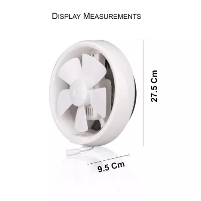 Wall mounted exhaust fan with 27.5 cm height and 9.5 cm depth, compact 8 inch ventilation fan showing size measurements.