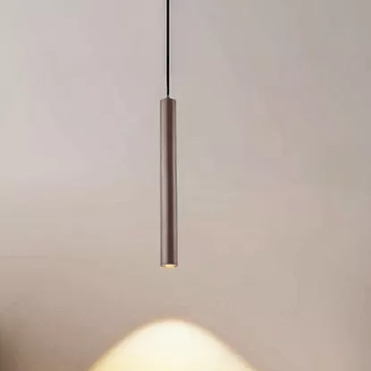 Modern cylindrical LED pendant light with warm downward beam, slim aluminum hanging lamp for bedroom, dining table, and coffee counter lighting.