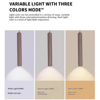 Modern LED pendant lamp with three color modes including white light 6500K, neutral light 4500K, and warm light 3200K for adjustable indoor lighting.