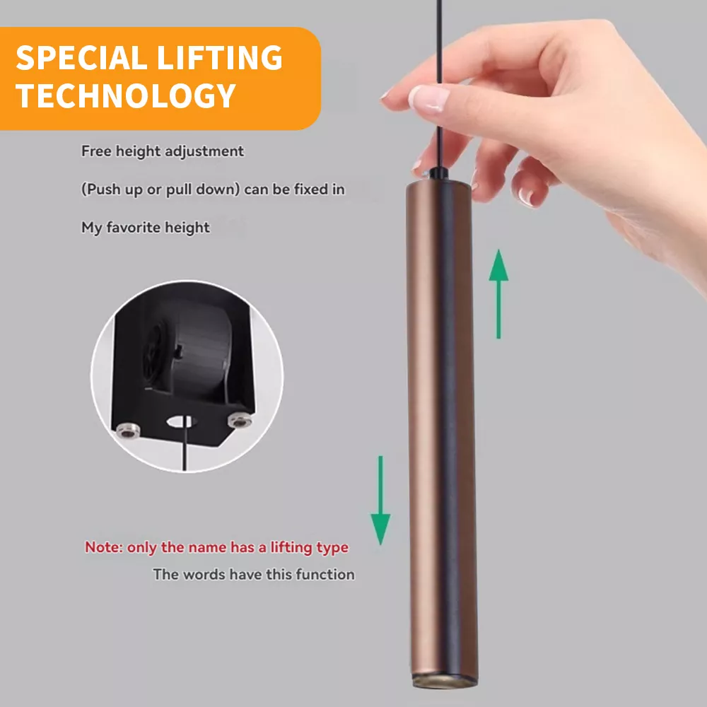 Height adjustable LED pendant light with lifting technology, aluminum hanging lamp allowing push-up or pull-down suspension height adjustment.