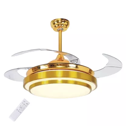Luxury gold LED ceiling fan with light and remote control, modern invisible blade ceiling fan with acrylic lampshade for home interior