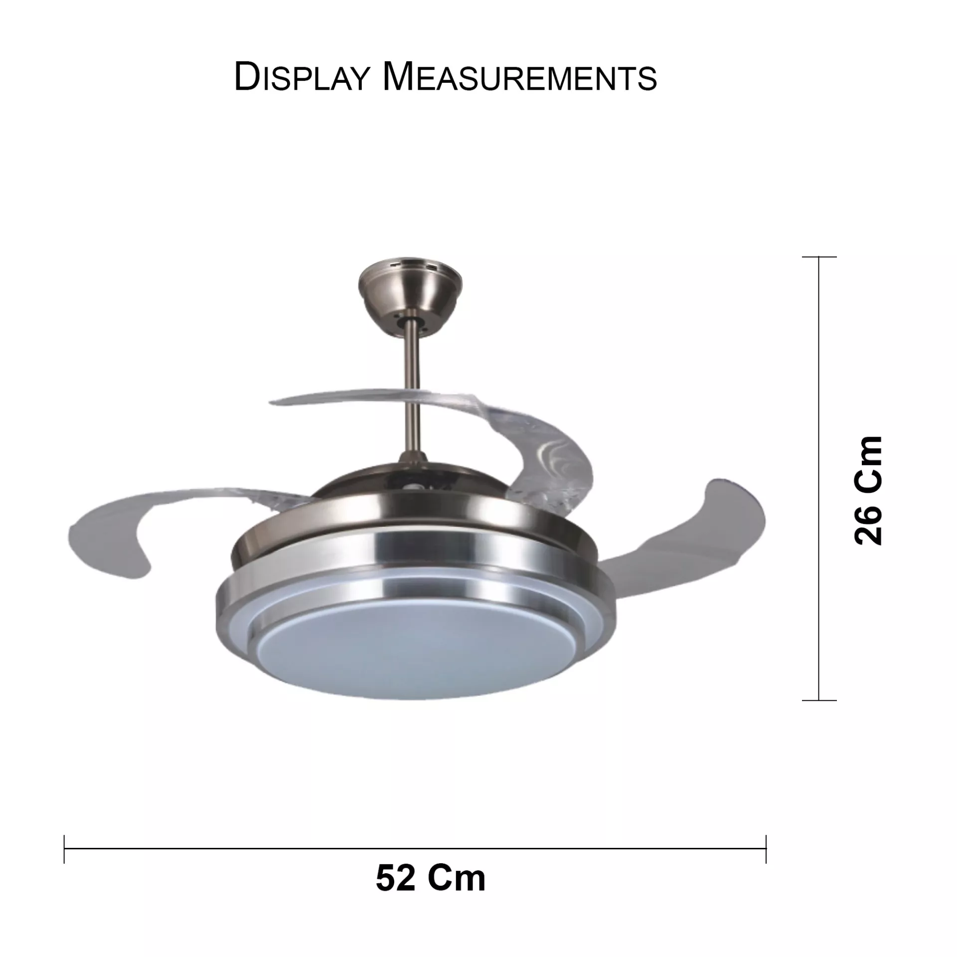 LED ceiling fan size dimensions showing 500mm lamp diameter and 1070 to 1200mm fan spread, compact modern ceiling fan design