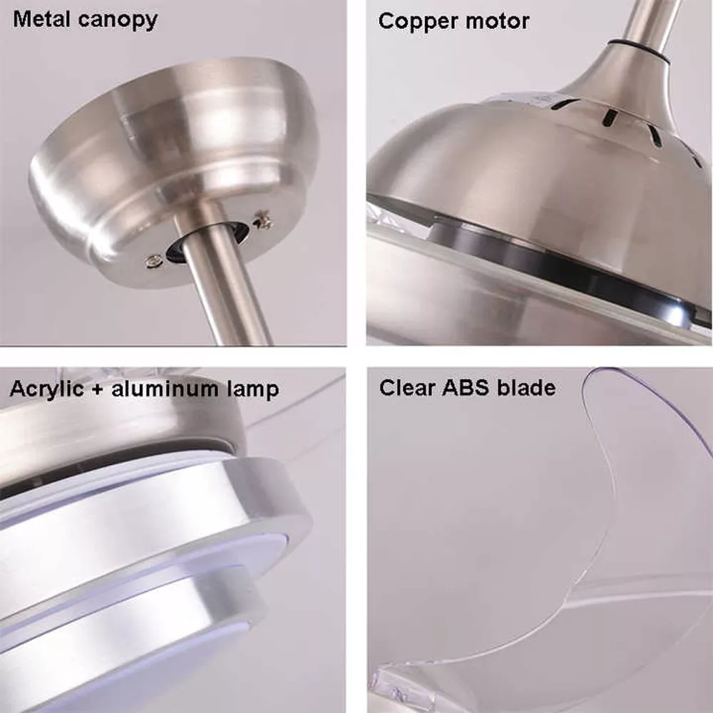 Ceiling fan ABS transparent blades and acrylic LED lampshade detail, durable modern ceiling fan light with premium materials