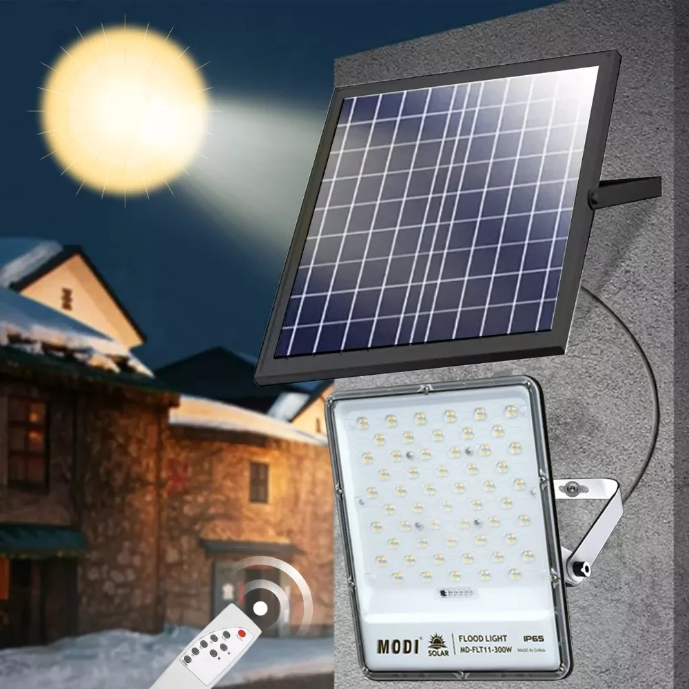Solar LED floodlight at night with remote control in outdoor space