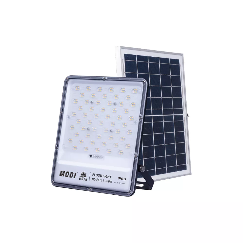 MODI solar LED flood light with external solar panel and adjustable mounting bracket isolated on white background for outdoor lighting