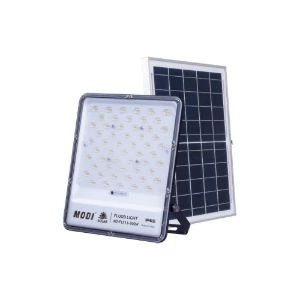 MODI solar LED flood light with external solar panel and adjustable mounting bracket isolated on white background for outdoor lighting