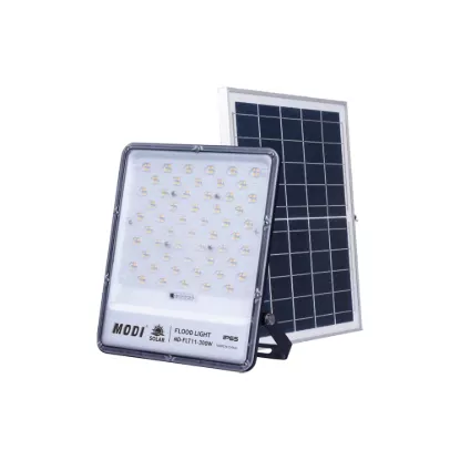 MODI solar LED flood light with external solar panel and adjustable mounting bracket isolated on white background for outdoor lighting