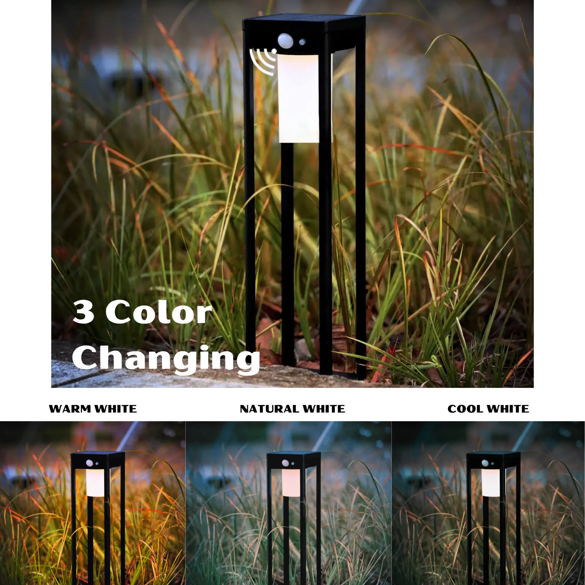 3 Color Changing Solar Garden Bollard Light showing warm, natural, and cool white lighting modes