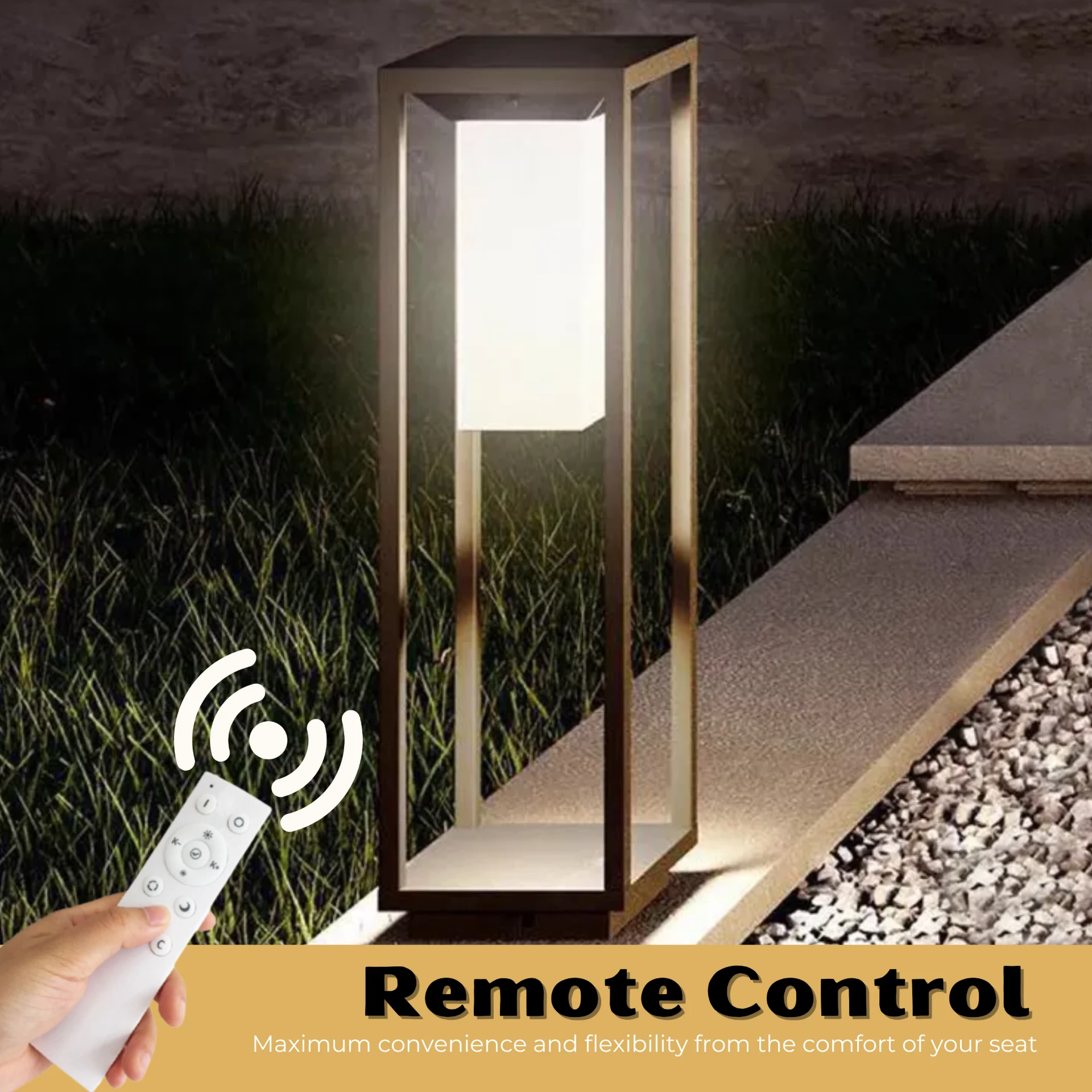 Solar Bollard Light with Remote Control for color and brightness adjustment