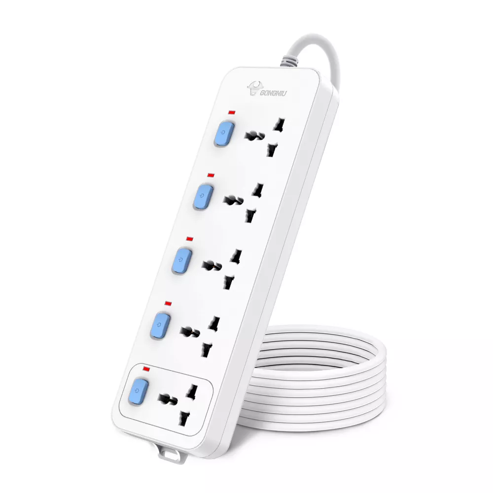 Goneo 5-socket power strip with individual switches and a coiled extension cord for flexible use and storage.