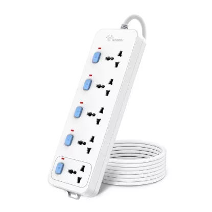 Goneo 5-socket power strip with individual switches and a coiled extension cord for flexible use and storage.