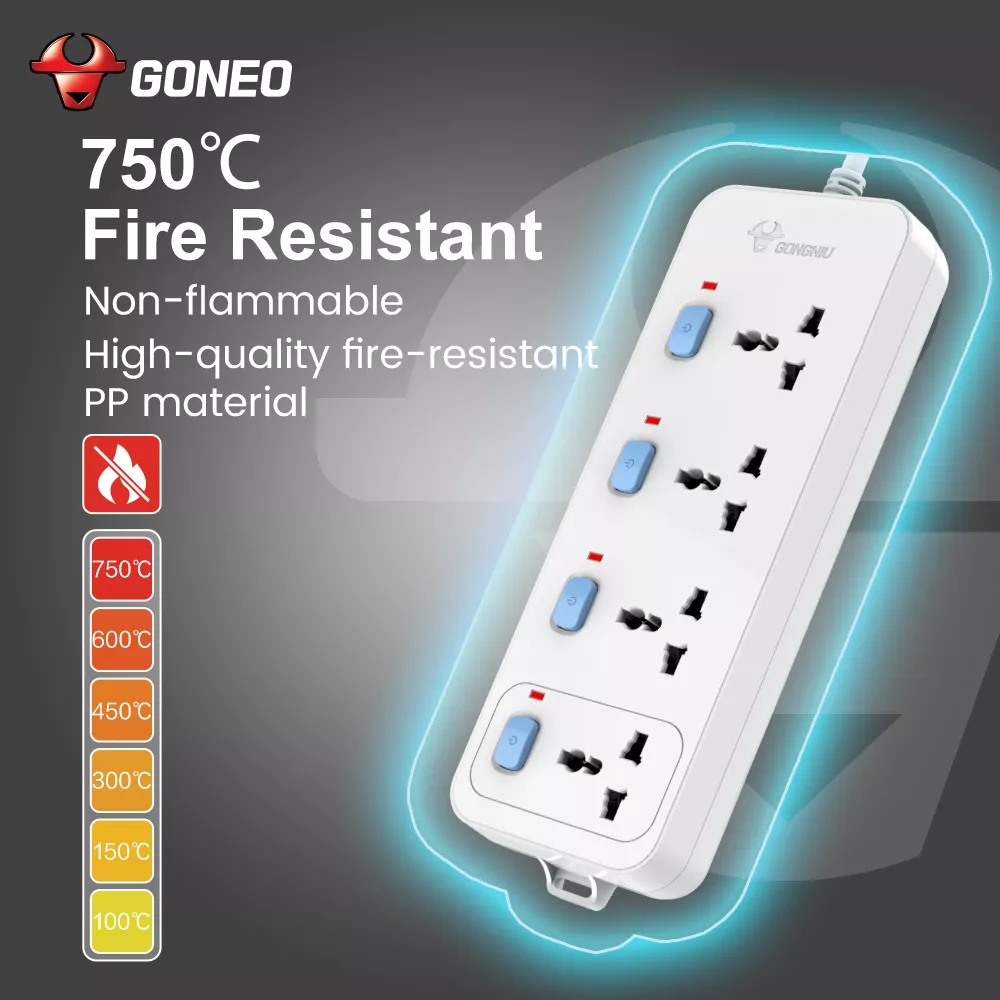Goneo power strip made with fire-resistant PP material, withstands up to 750°C for enhanced safety and durability.