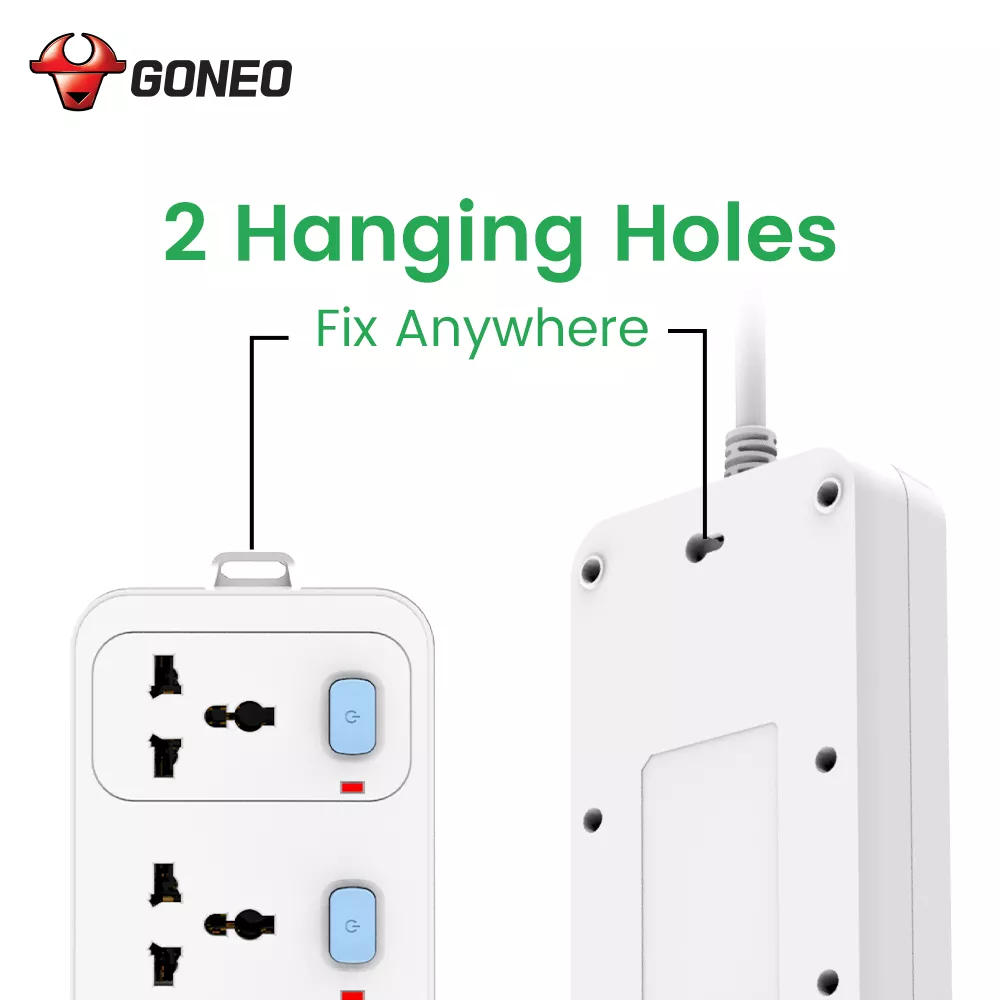 Goneo extension socket with two hanging holes for easy wall or surface mounting, designed for versatile placement.