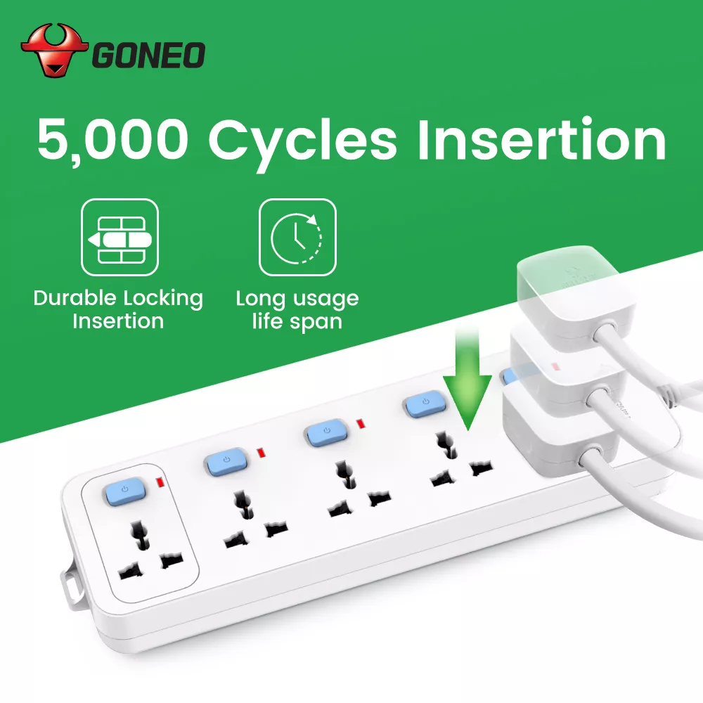 Goneo power strip tested for 5,000 plug insertion cycles, providing a secure and long-lasting connection for daily use.