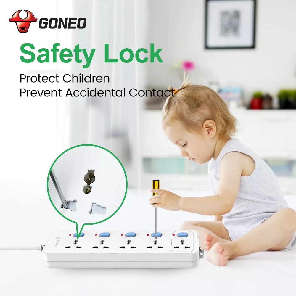 Goneo child-safe power strip with built-in safety lock to prevent accidental contact and protect children at home.