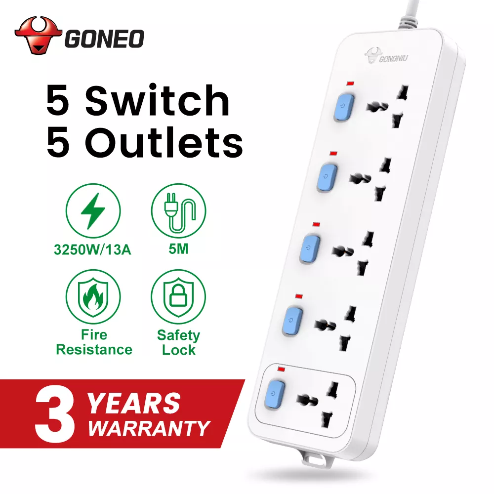 Goneo extension power strip with 5 switches and 5 universal outlets, 3250W capacity, 5-meter cable, fire resistance, and safety lock.