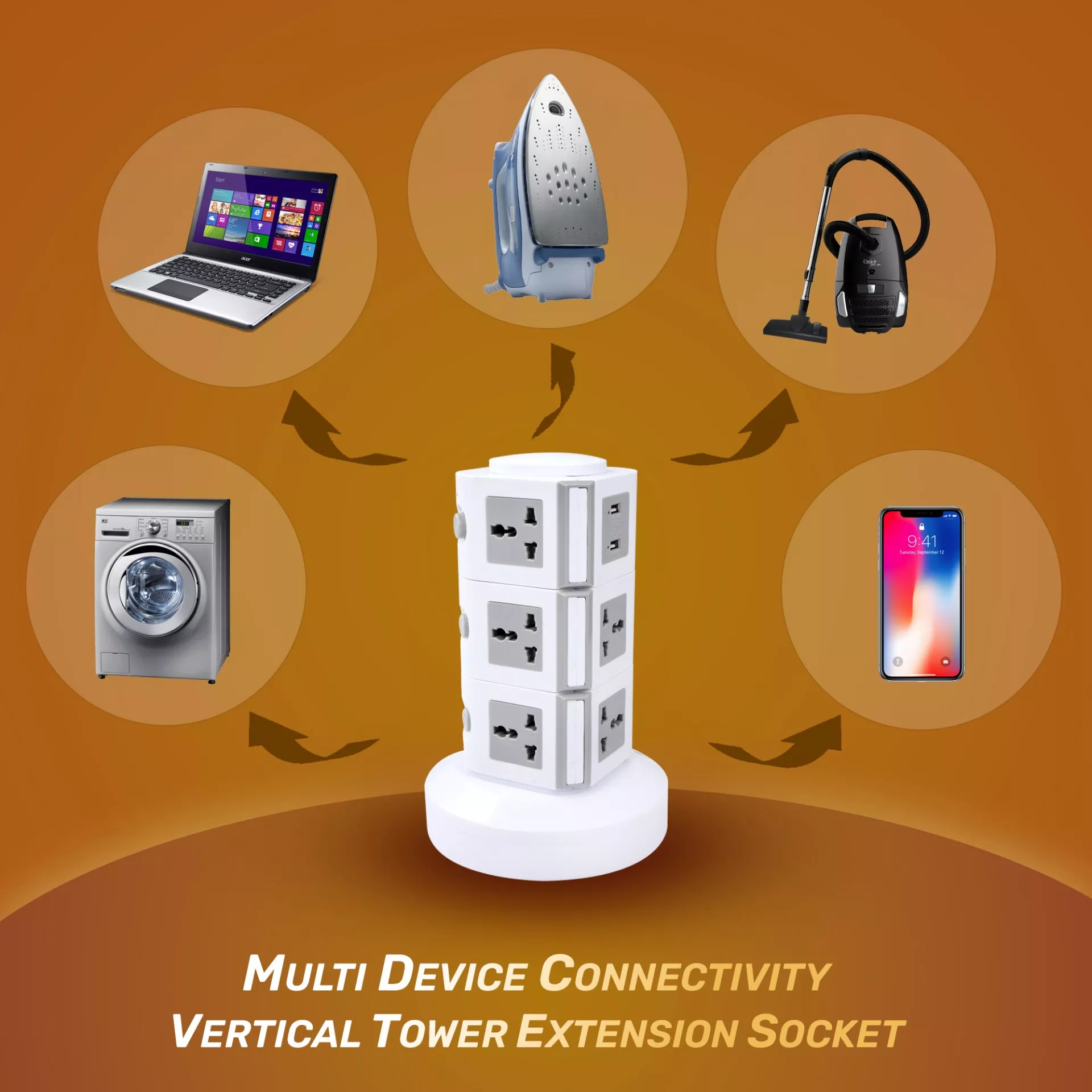 Tower extension socket compatible with laptop, iron, vacuum cleaner, smartphone, and washing machine