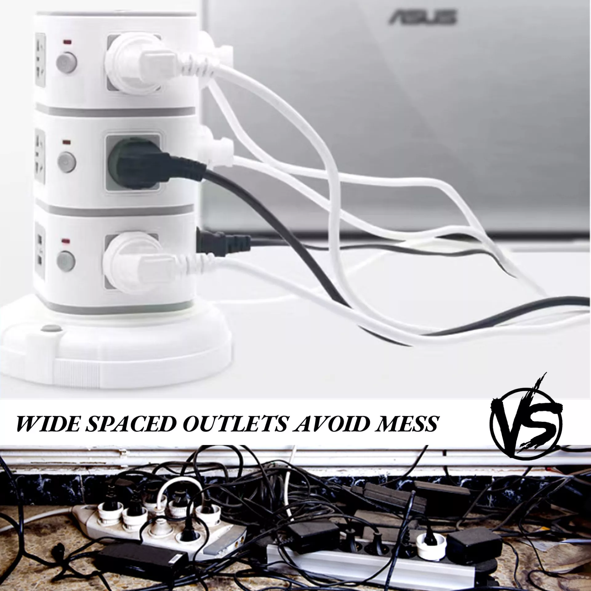 Vertical socket tower with wide-spaced outlets reducing cable clutter compared to traditional power strips