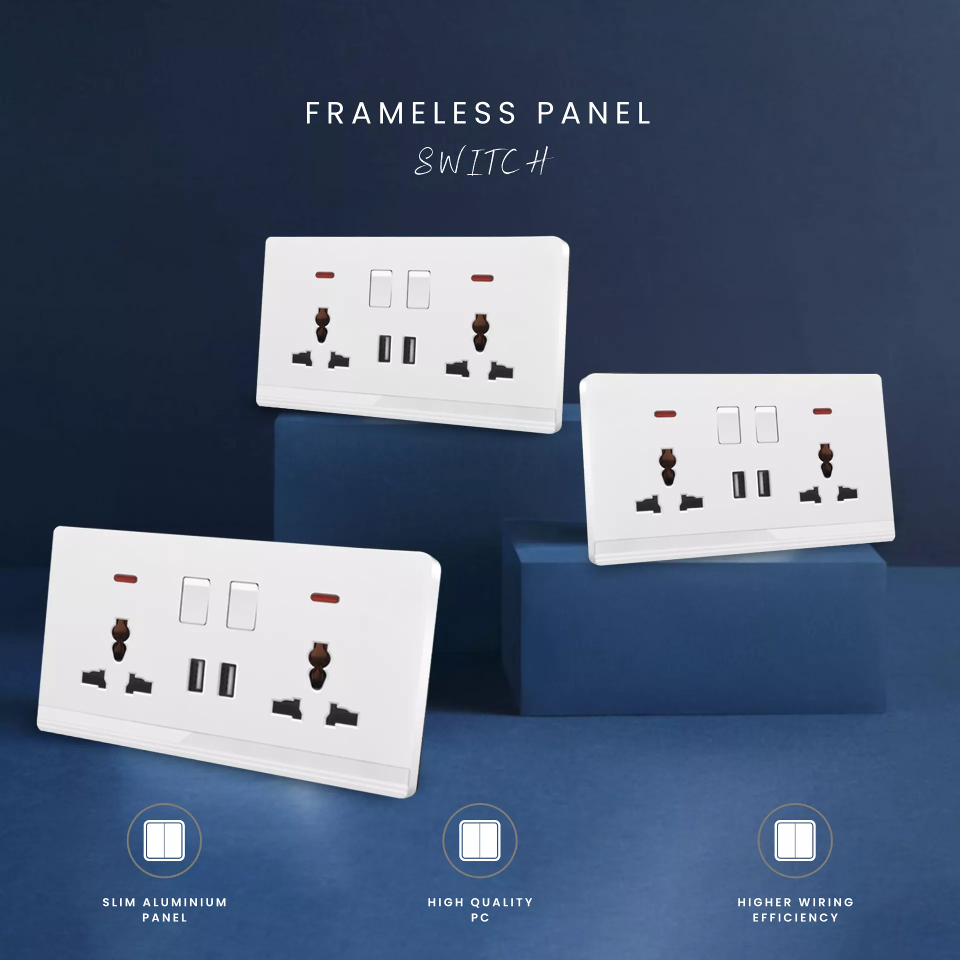 "Frameless dual universal wall sockets with USB ports and slim aluminum panel in white finish