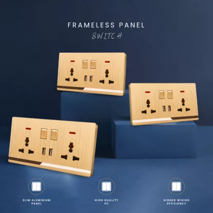 Gold color frameless universal socket panels with USB and modern switches for premium interiors