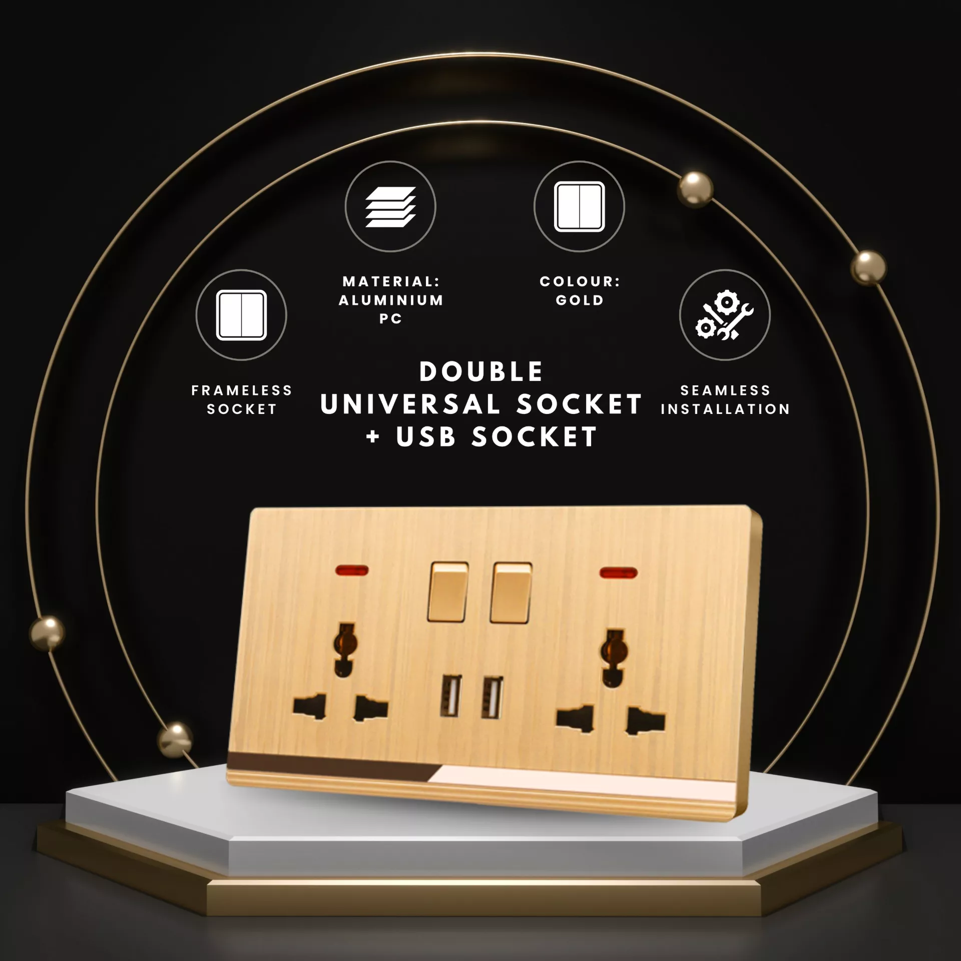 Gold finish dual universal wall socket with USB charging, aluminum panel, and slim design