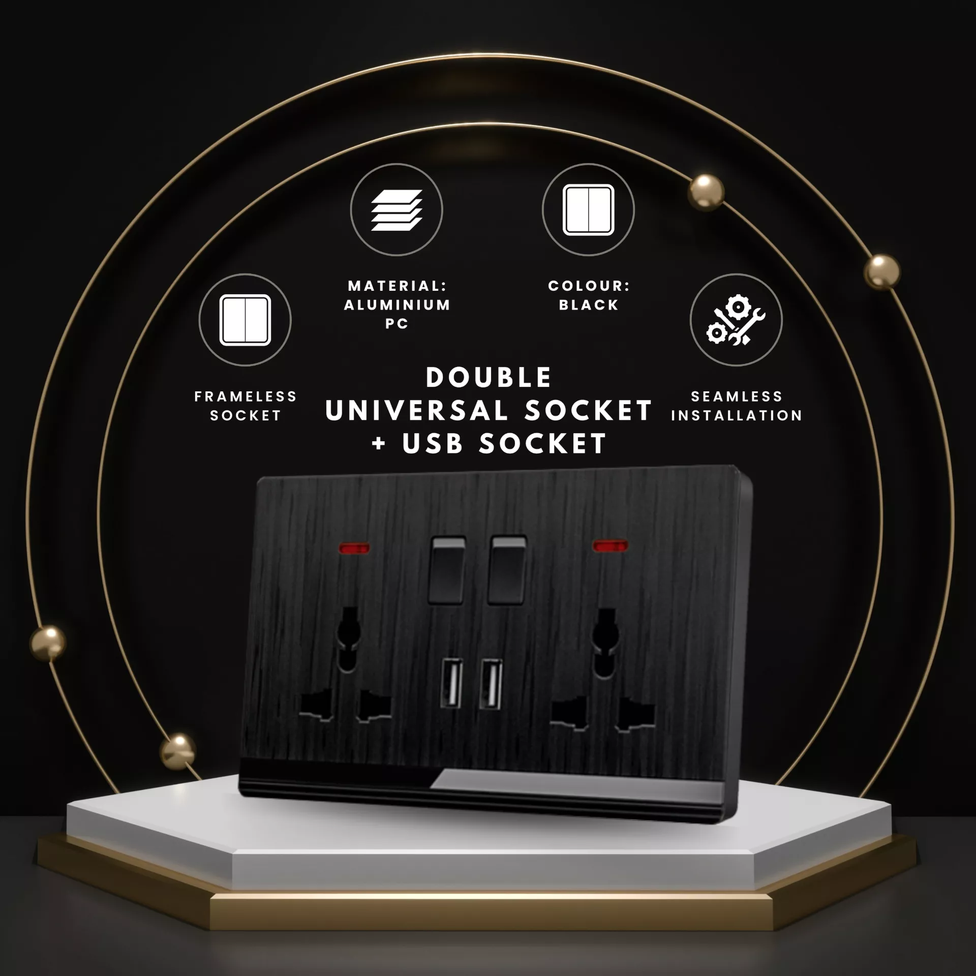 Black slim universal USB socket panel with dual outlets and modern minimalist finish