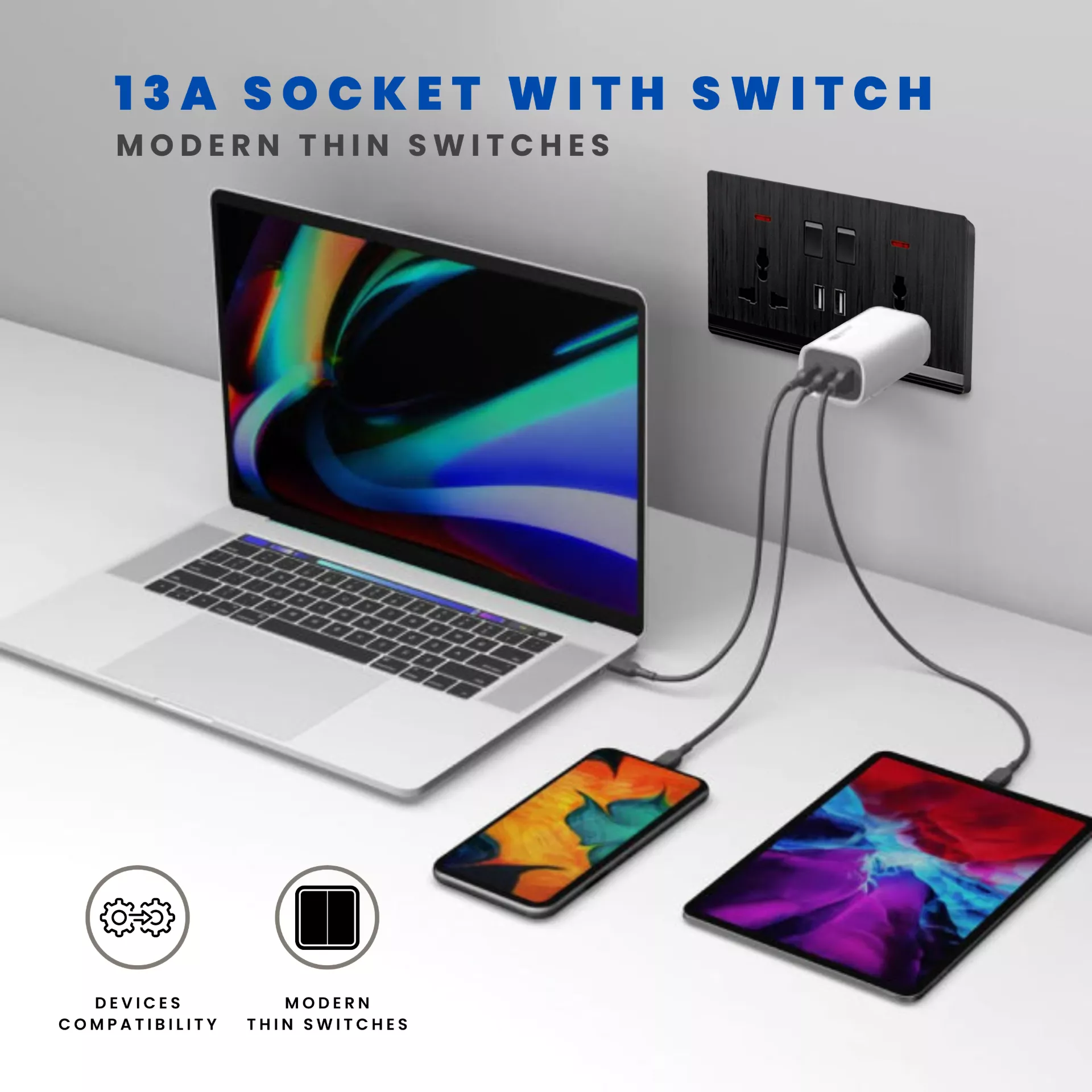 Modern USB wall socket powering laptop, smartphone, and tablet with 13A output and clean wall integration