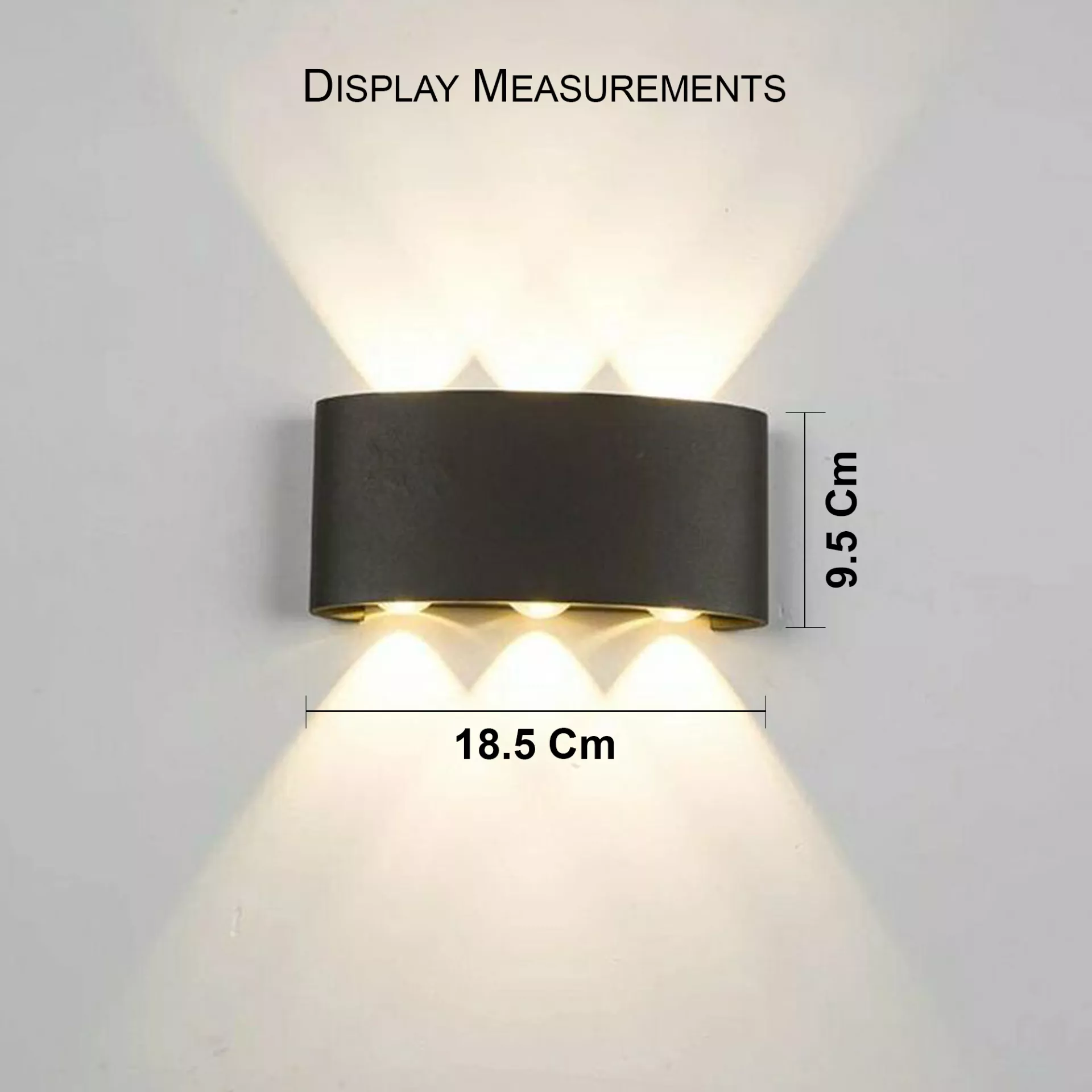 Black modern LED up and down wall light showing dimensions 18.5 cm wide and 9.5 cm high for exterior and interior walls