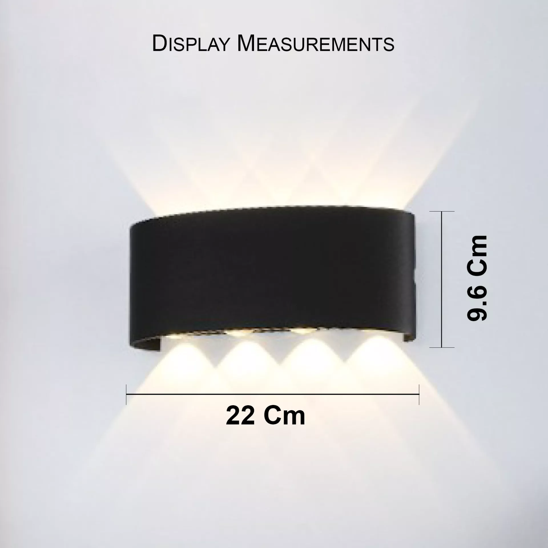 Modern LED wall light with 22 cm width and 9.6 cm height showing compact size and up down lighting beam pattern