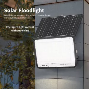 Solar LED floodlight with external solar panel mounted on wall, ideal for courtyard, road, square and outdoor security lighting without wiring