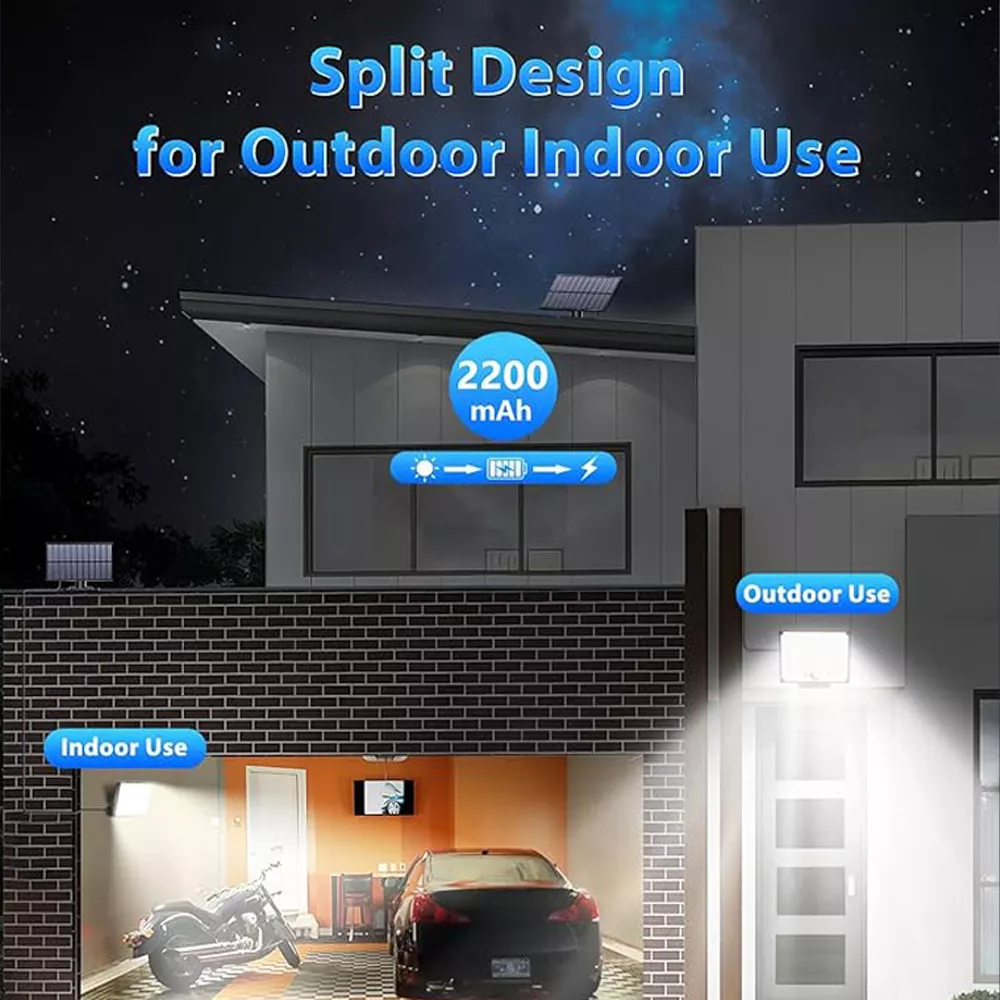 Split design solar floodlight with 2200mAh battery supporting both indoor and outdoor lighting applications for homes and garages