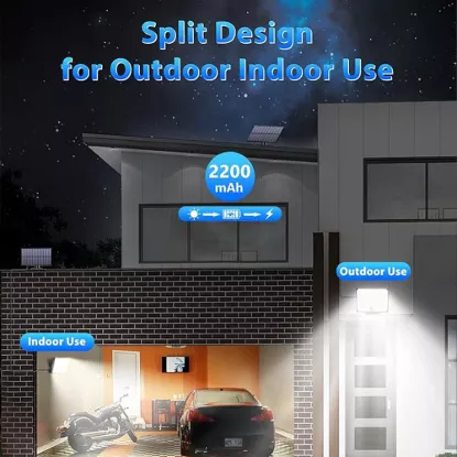 Split design solar floodlight with 2200mAh battery supporting both indoor and outdoor lighting applications for homes and garages