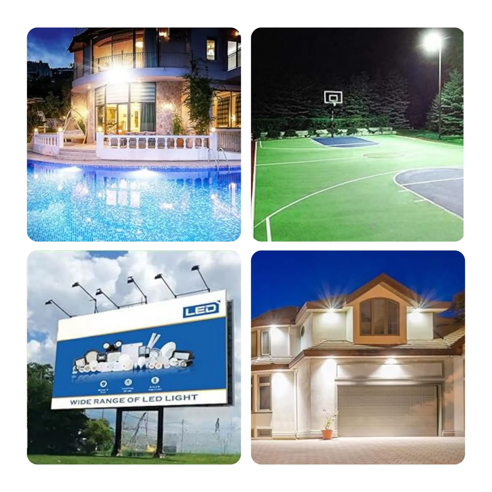 High brightness solar LED floodlight applications including pool area, basketball court, billboard lighting and residential exterior lighting