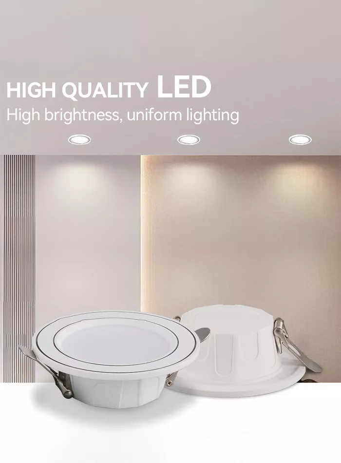 LED recessed downlights installed in modern ceiling for indoor lighting