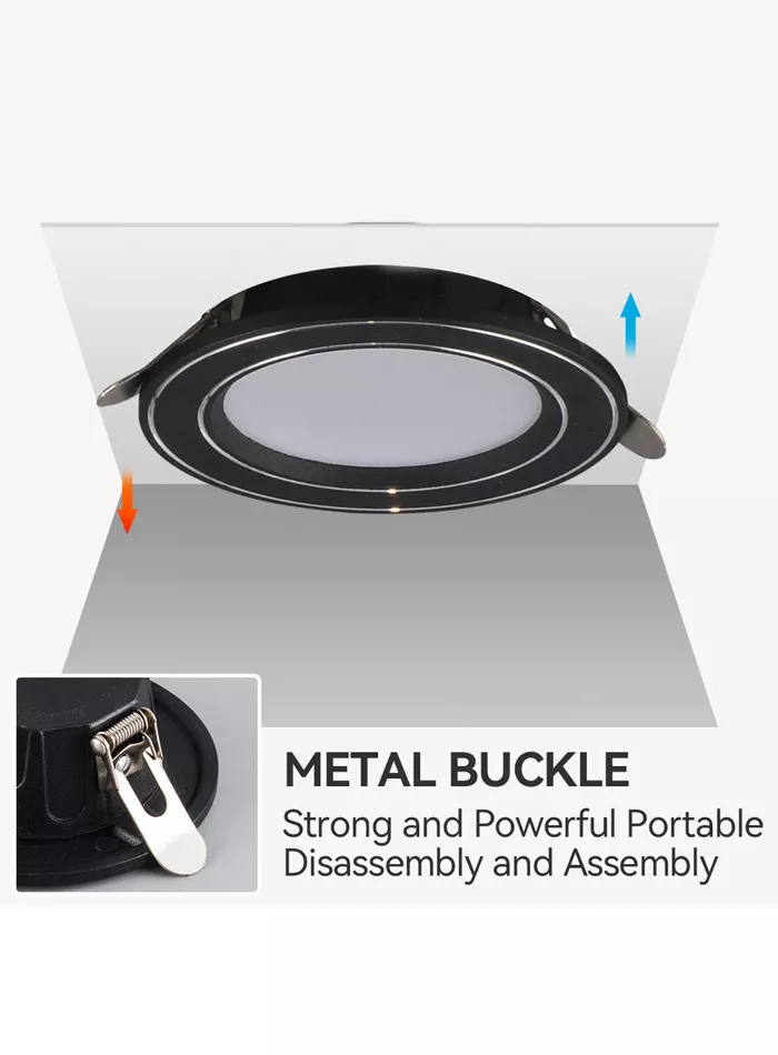 LED downlight installation steps with metal spring clips for ceiling mounting