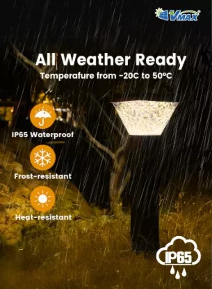 VMAX solar LED garden post lamp with IP65 waterproof design, frost resistant and heat resistant outdoor lighting for all weather conditions