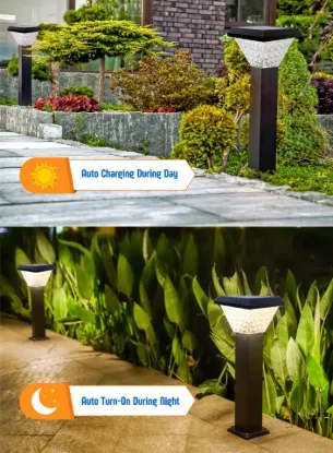 Solar garden post lights installed along pathway with automatic daytime charging and automatic night illumination for outdoor landscape lighting